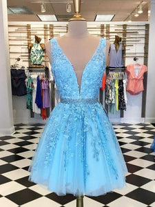 A Line V Neck Short Blue Lace Prom Dresses, Short Blue Lace Formal Homecoming Dresses