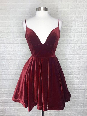 A Line V Neck Short Burgundy Prom Dresses, Short Wine Red Formal Homecoming Dresses