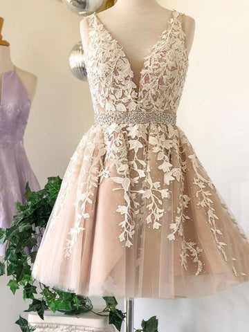 A Line V Neck Short Champagne Lace Wedding Dresses, Short Champagne Lace Formal Homecoming Dresses