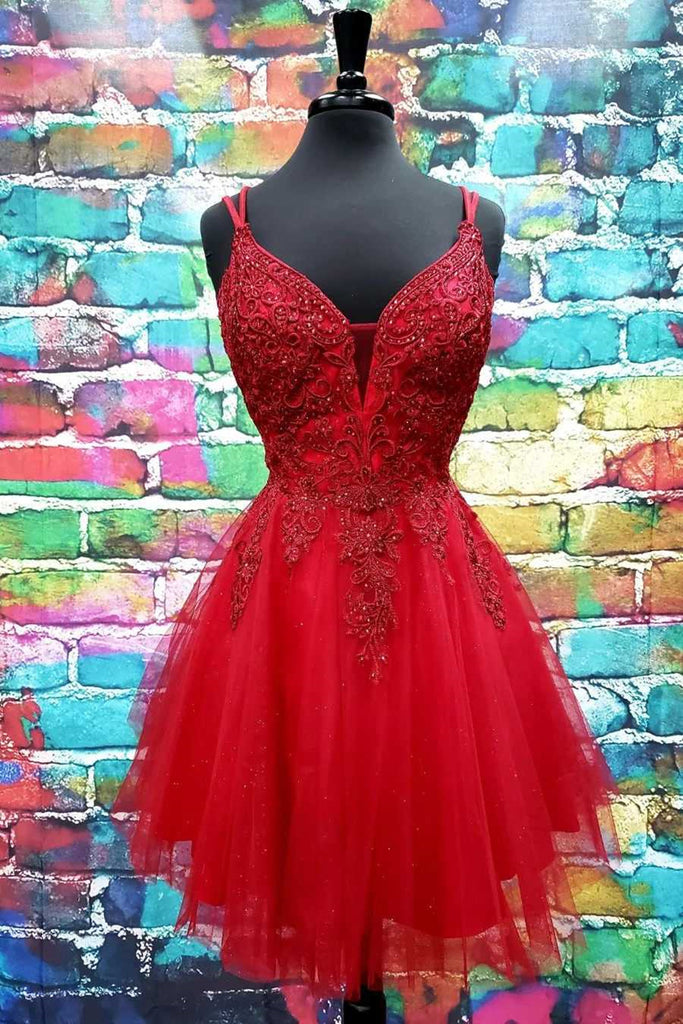 A Line V Neck Short Dark Red Lace Prom Dresses Short Dark Red Lace Fo Eip Collection
