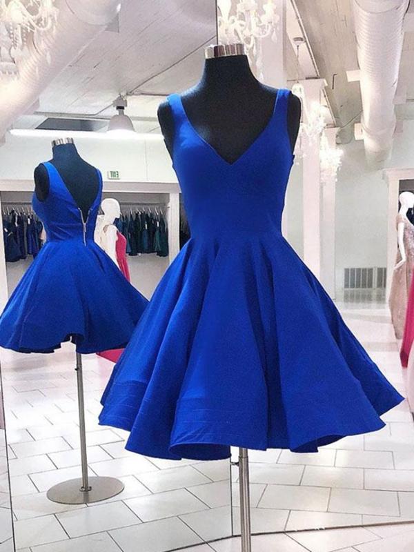 A Line V Neck Short Royal Blue Prom Dresses, Short Royal Blue Formal H