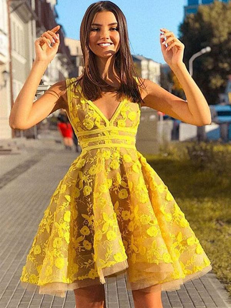 A Line V Neck Short Yellow Lace Prom Dresses, Short Yellow Lace Formal Homecoming Dresses