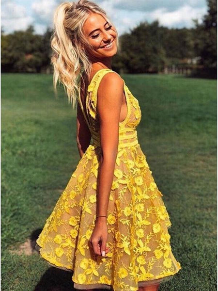 A Line V Neck Short Yellow Lace Prom Dresses, Short Yellow Lace Formal Homecoming Dresses