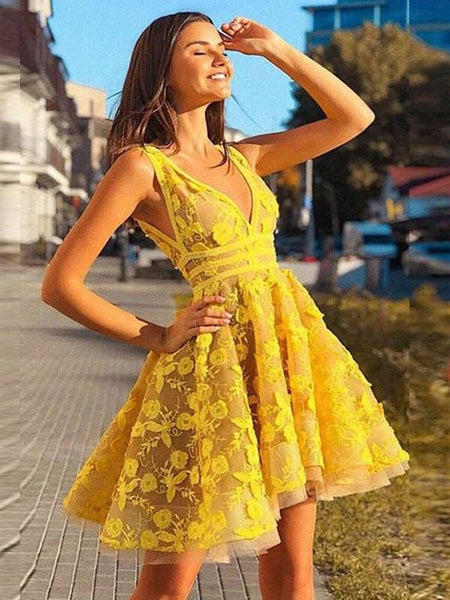 A Line V Neck Short Yellow Lace Prom Dresses, Short Yellow Lace Formal Homecoming Dresses