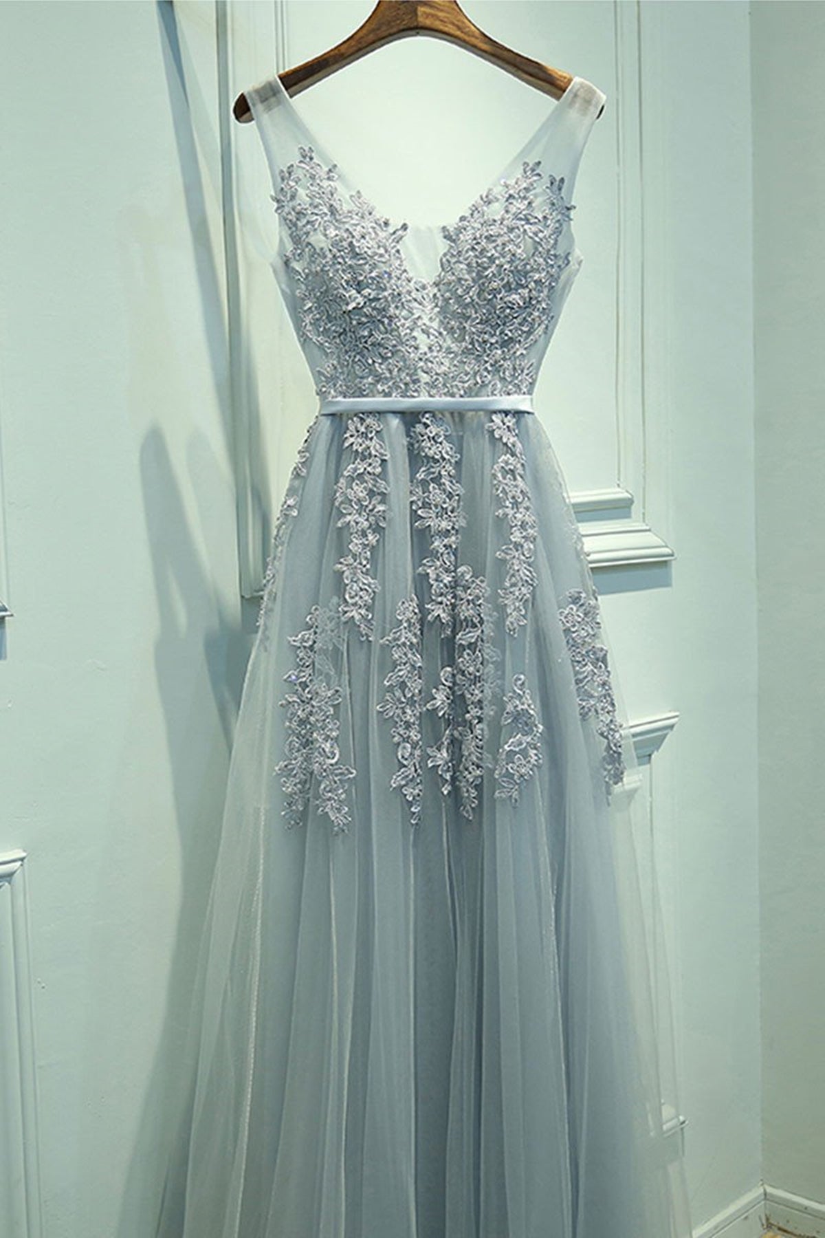 A Line V Neck Silver Gray Lace Prom Dresses, Grey Lace Formal Evening Eip Collection A Line V Neck Silver Gray Lace Prom Dresses, Grey Lace Formal Evening Eip Collection
