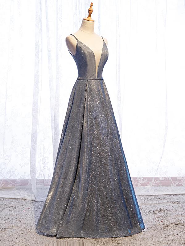 A Line V Neck Silver Gray Long Prom Dresses, Gray Long Formal Evening  Eip  Collection