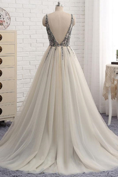 A Line V Neck Silver Gray Long Prom Dresses, Silver Grey Beaded Long Formal Evening Dresses