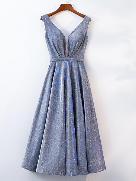A Line V Neck Tea Length Gray/Pink Prom Dresses, Shiny Gray/Pink Tea Length Formal Evening Dresses