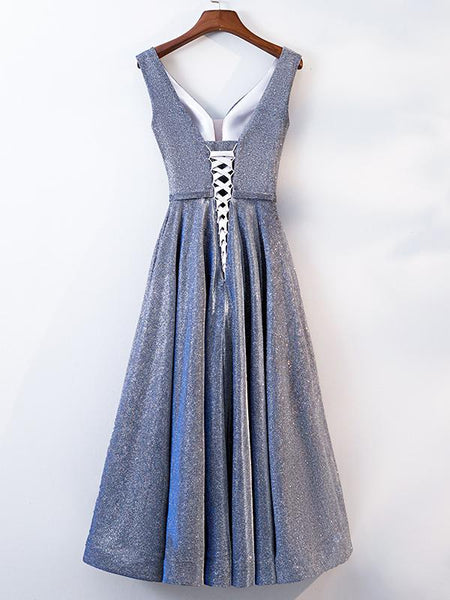 A Line V Neck Tea Length Gray/Pink Prom Dresses, Shiny Gray/Pink Tea Length Formal Evening Dresses