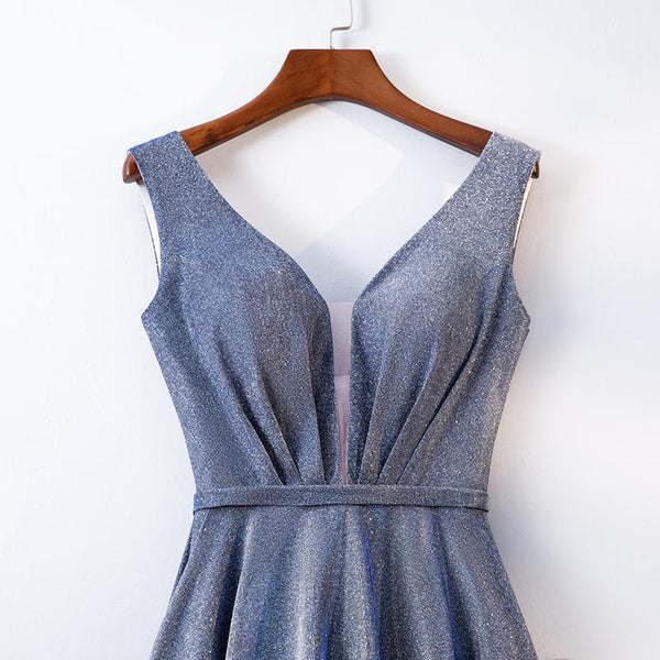 A Line V Neck Tea Length Gray/Pink Prom Dresses, Shiny Gray/Pink Tea Length Formal Evening Dresses