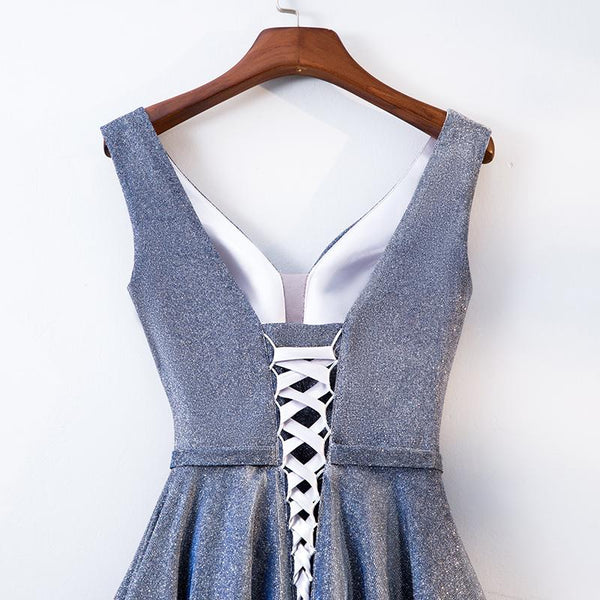 A Line V Neck Tea Length Gray/Pink Prom Dresses, Shiny Gray/Pink Tea Length Formal Evening Dresses