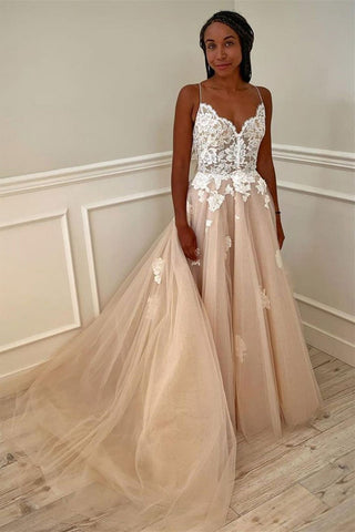 A Line V Neck White Lace Champagne Long Prom Dresses, Champagne Lace Formal Evening Dresses