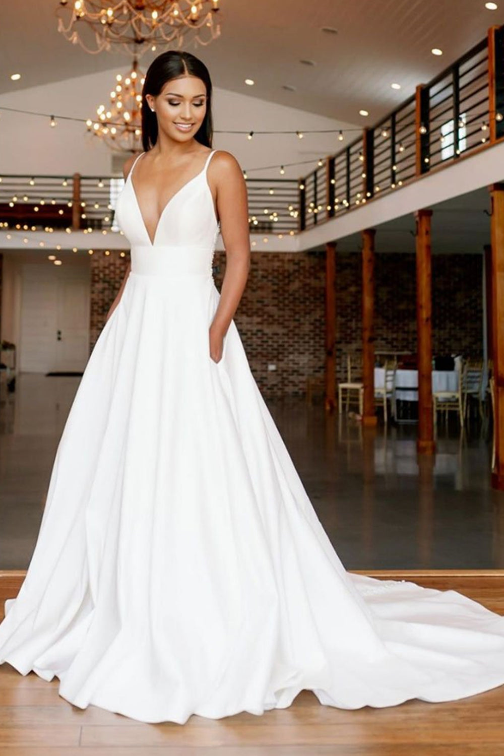 A Line V Neck White Long Prom Wedding Dresses with Lace Back, V Neck W Eip Collection A Line V Neck White Long Prom Wedding Dresses with Lace Back, V Neck W Eip Collection