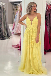 A Line V Neck Yellow Lace Prom Dresses, Yellow Lace Formal Homecoming Dresses