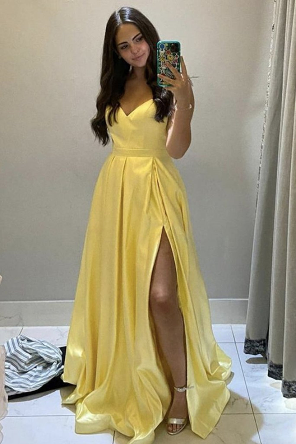 A Line V Neck Yellow Satin Long Prom Dresses with High Slit, V Neck Yellow Formal Graduation Evening Dresses EP1614