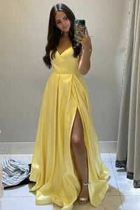 A Line V Neck Yellow Satin Long Prom Dresses with High Slit, V Neck Yellow Formal Graduation Evening Dresses EP1614