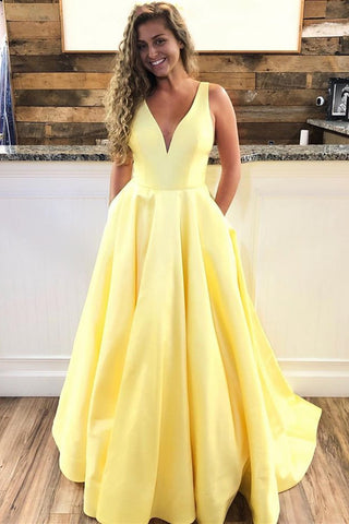 A Line V Neck Yellow Satin Long Prom Dresses with Pocket, Long V Neck Yellow Formal Evening Dresses