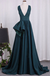 A Line V Neck and V Back Green Satin Long Prom Dresses, Long Green Formal Evening Dresses EP1368