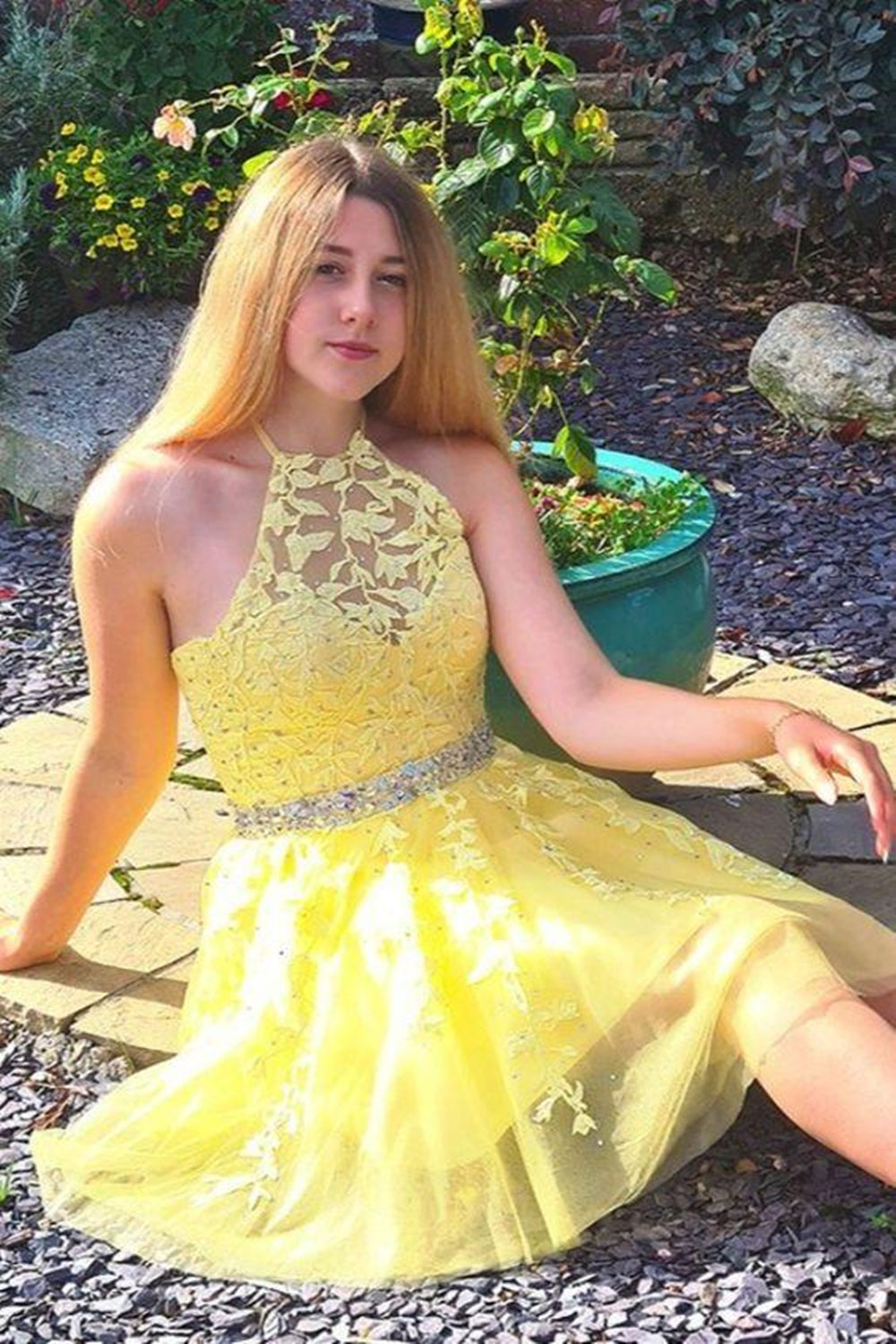 A Line Yellow Lace Short Prom Homecoming Dresses with Belt, Yellow Lac Eip Collection A Line Yellow Lace Short Prom Homecoming Dresses with Belt, Yellow Lac Eip Collection
