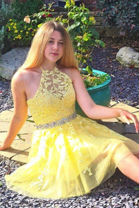 A Line Yellow Lace Short Prom Homecoming Dresses with Belt, Yellow Lace Formal Graduation Evening Dresses EP1535