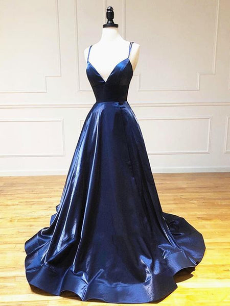 A Line V Neck Backless Dark Navy Blue Prom Dresses, Open Back Navy Blue Formal Evening Dresses