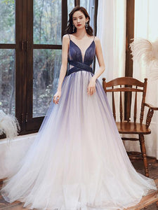 A Line V Neck Blue Ombre Long Prom Dress with Corset Back, Ombre Blue Formal Evening Dresses