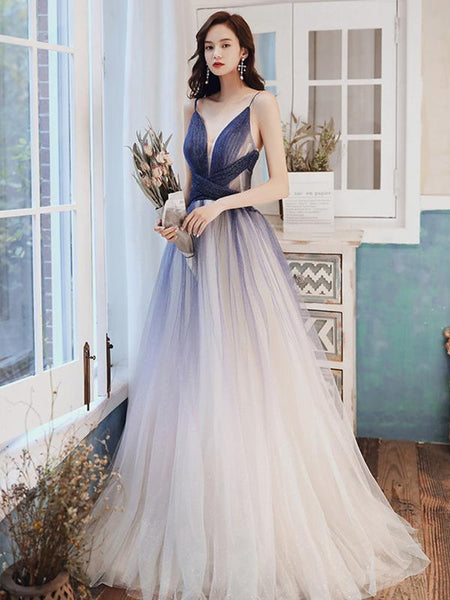 A Line V Neck Blue Ombre Long Prom Dress with Corset Back, Ombre Blue Formal Evening Dresses