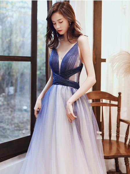 A Line V Neck Blue Ombre Long Prom Dress with Corset Back, Ombre Blue Formal Evening Dresses