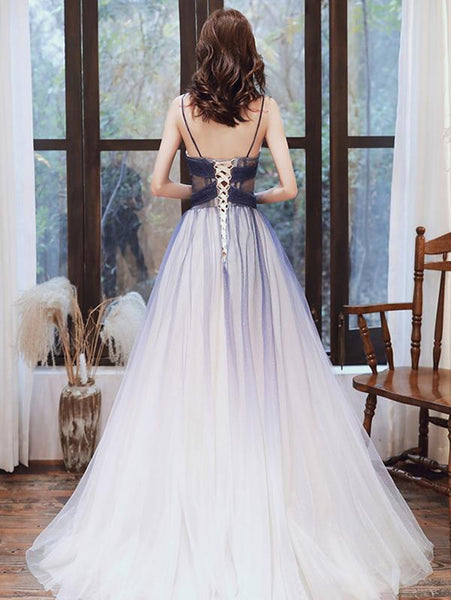 A Line V Neck Blue Ombre Long Prom Dress with Corset Back, Ombre Blue Formal Evening Dresses