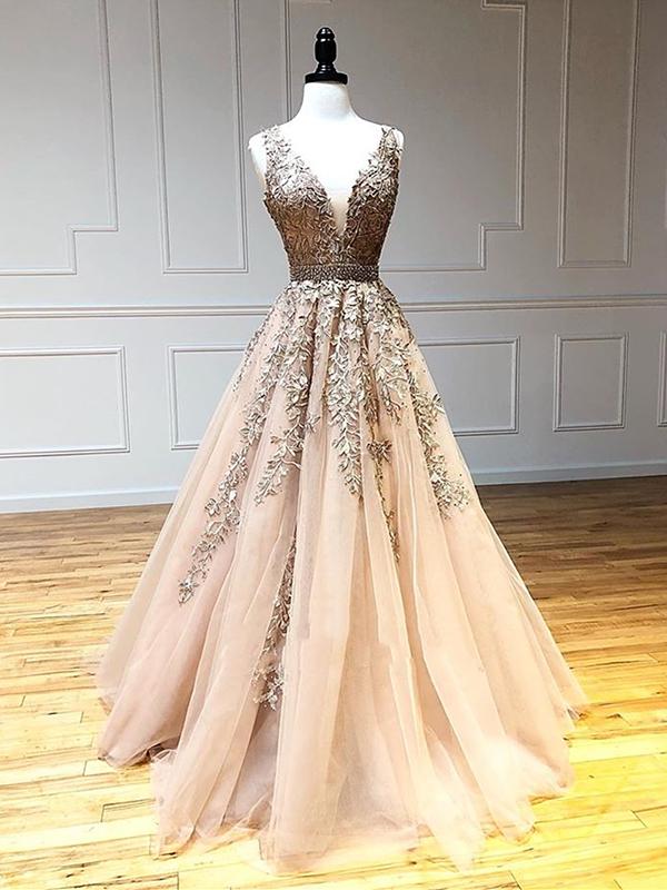 Elegant A-Line Deep V Sleeveless Beaded Champagne Prom Dress main image 1