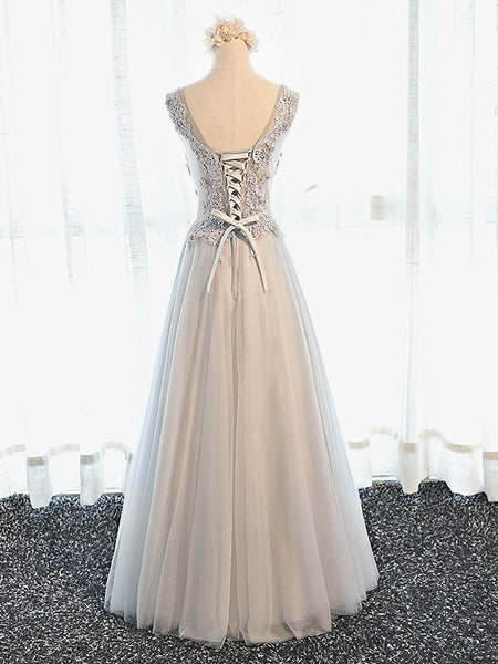 A Line V Neck Gray Floral Long Prom Dresses, V Neck Gray Long Floral Formal Bridesmaid Dresses