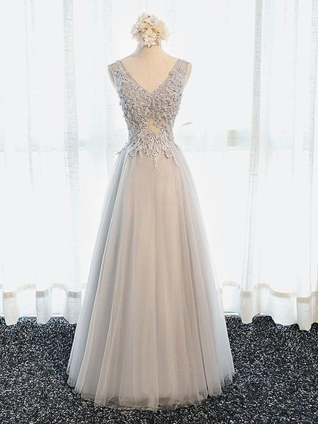 A Line V Neck Gray Floral Long Prom Dresses, V Neck Gray Long Floral Formal Bridesmaid Dresses