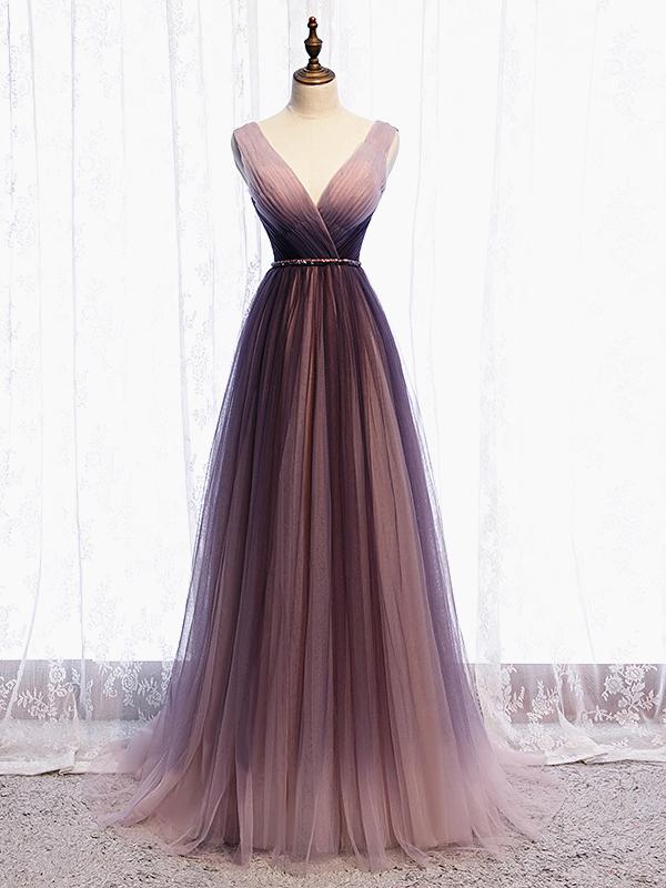 A Line V Neck Purple Ombre Prom Dresses, V Neck Purple Ombre Formal Evening Dresses