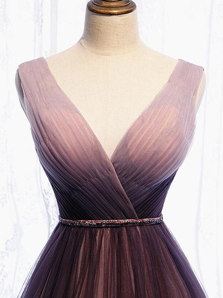 A Line V Neck Purple Ombre Prom Dresses, V Neck Purple Ombre Formal Evening Dresses