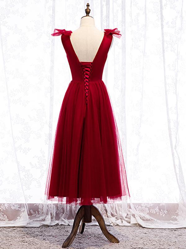 A Line V Neck Red Tea Length Prom Dress with Corset Back, Red Tea Leng Eip Collection A Line V Neck Red Tea Length Prom Dress with Corset Back, Red Tea Leng Eip Collection