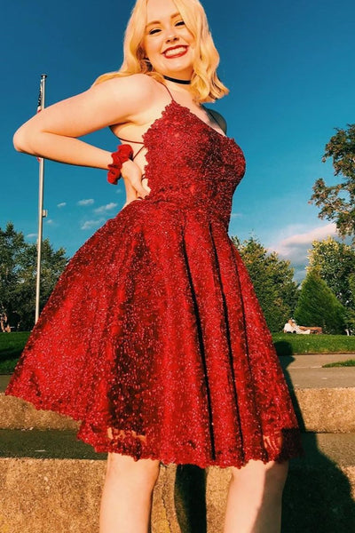 Backless Beaded Burgundy Lace Short Prom Dresses, Burgundy Lace Homecoming Dresses, Burgundy Formal Evening Dresses EP1504
