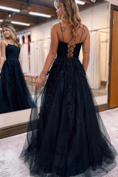 Backless Black Lace Prom Dresses, Open Back Black Lace Formal Evening Dresses