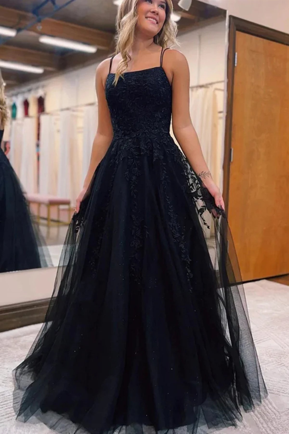 Backless Black Lace Prom Dresses, Open Back Black Lace Formal Evening Dresses