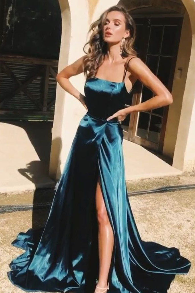 Backless Dark Green Satin Long Prom Dresses with High Slit, Backless D Eip Collection Backless Dark Green Satin Long Prom Dresses with High Slit, Backless D Eip Collection