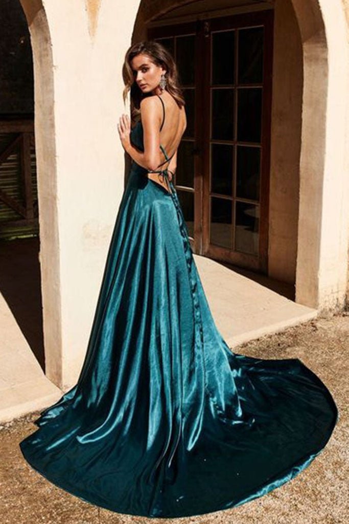 Backless Dark Green Satin Long Prom Dresses with High Slit, Backless D Eip Collection Backless Dark Green Satin Long Prom Dresses with High Slit, Backless D Eip Collection