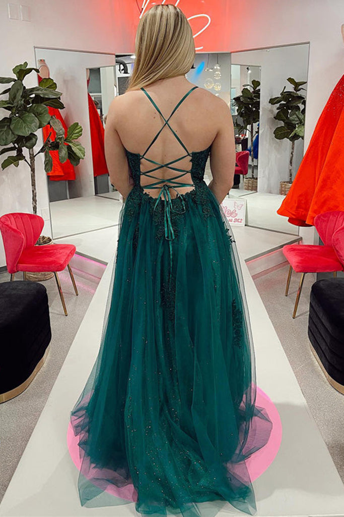 Backless Green Tulle lace Long Prom Dresses with High Slit, Green Lace Eip Collection Backless Green Tulle lace Long Prom Dresses with High Slit, Green Lace Eip Collection