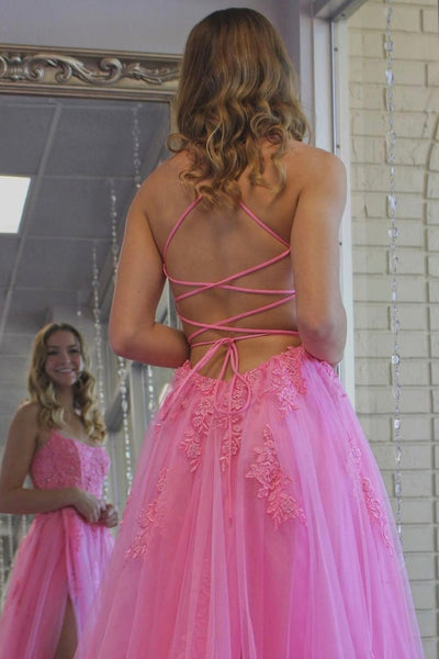 Backless High Slit Pink Tulle Lace Long Prom Dresses, Pink Lace Formal Dresses, Pink Evening Dresses EP1685