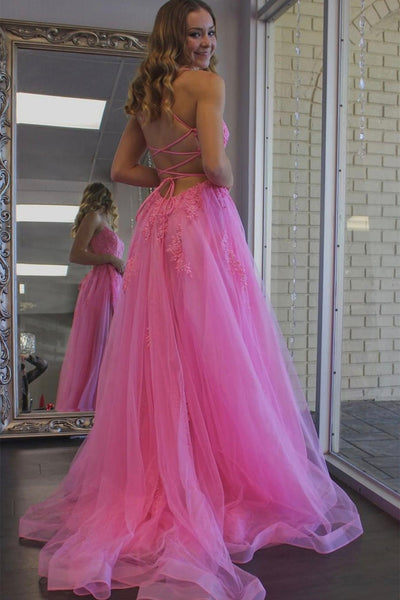 Backless High Slit Pink Tulle Lace Long Prom Dresses, Pink Lace Formal Dresses, Pink Evening Dresses EP1685