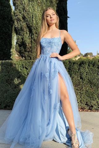 V Neck Light Blue Lace Long Prom Dresses with High Slit, Light Blue Tulle  Lace Formal Evening Dresses EP1724