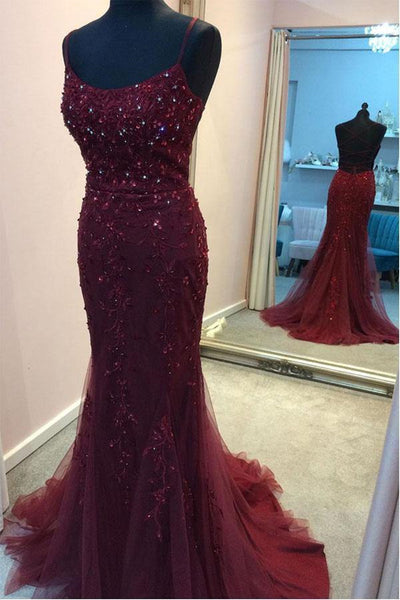 Backless Mermaid Beaded Maroon Lace Long Prom Dresses, Backless Burgundy Lace Formal Dresses, Burgundy Tulle Evening Dresses EP1864