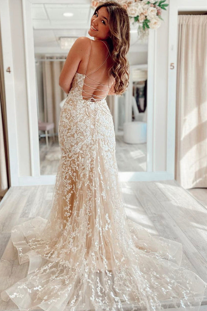 Backless Mermaid Champagne Lace Long Prom Dresses, Champagne Lace Form –  Eip Collection