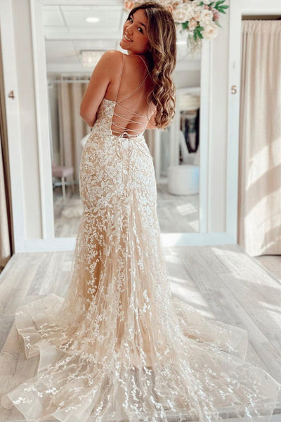 Backless Mermaid Champagne Lace Long Prom Dresses, Champagne Lace Formal Graduation Evening Dresses EP1731