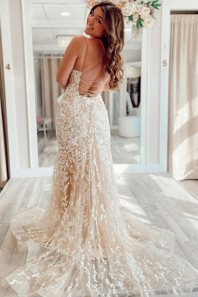 Backless Mermaid Champagne Lace Long Prom Dresses, Champagne Lace Form Eip Collection Backless Mermaid Champagne Lace Long Prom Dresses, Champagne Lace Form Eip Collection