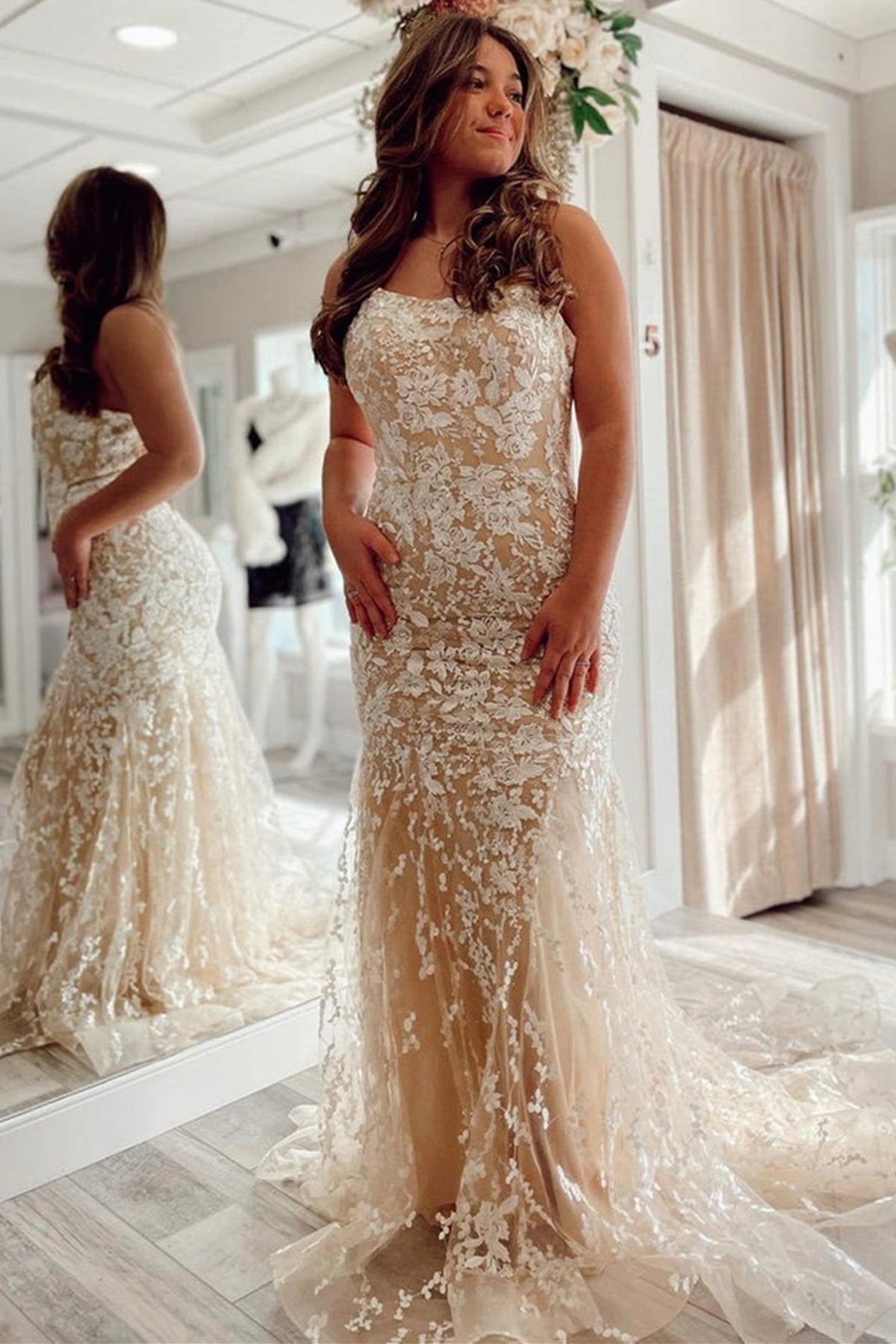 Backless Mermaid Champagne Lace Long Prom Dresses, Champagne Lace Form Eip Collection Backless Mermaid Champagne Lace Long Prom Dresses, Champagne Lace Form Eip Collection