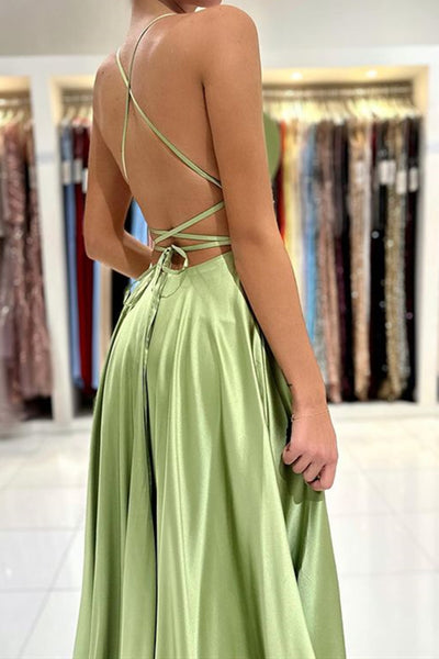 Backless Mint Green Long Prom Dresses, Open Back Green Long Formal Evening Dresses
